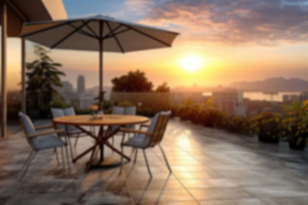 Blurred sunset over patio backdrop, natural light