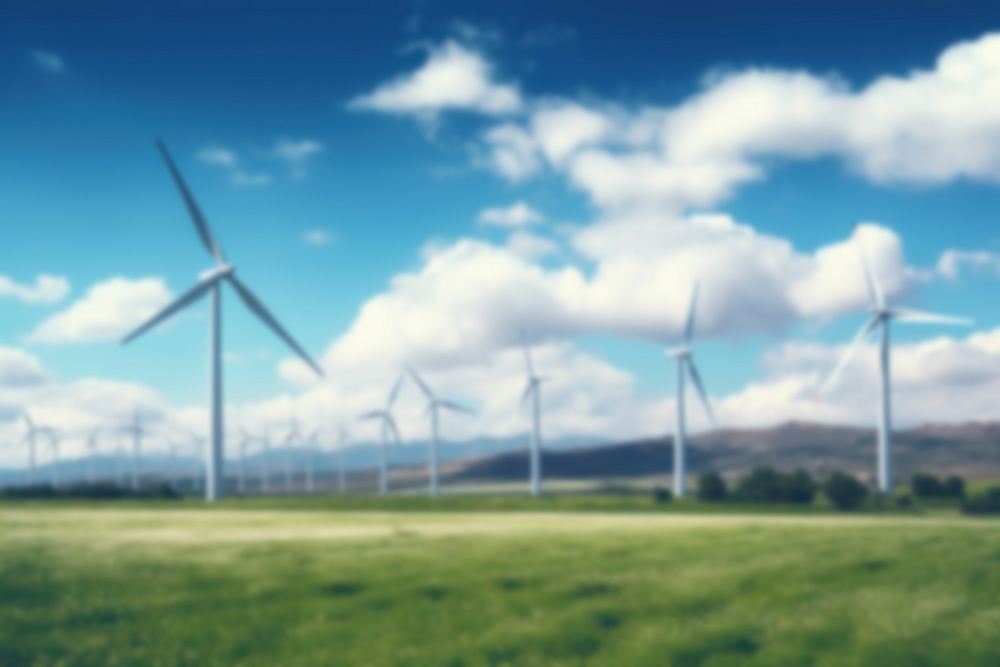 Blurred wind farm backdrop, alternative energy, natural light