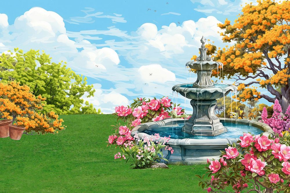 Beautiful garden landscape background, water fountain digital painting