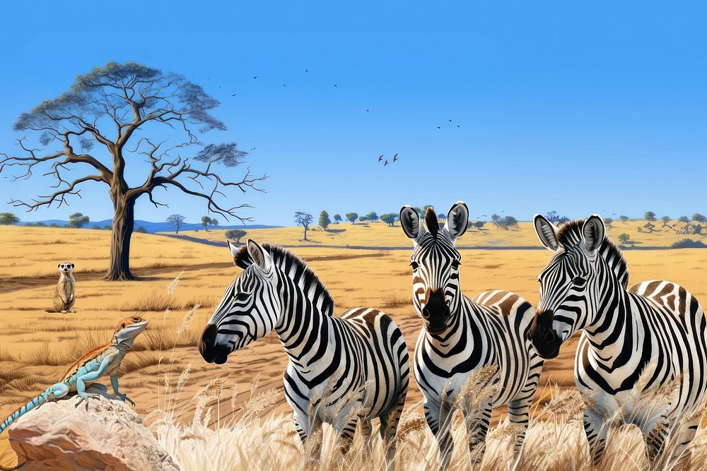 African zebras background, wild animal digital paint