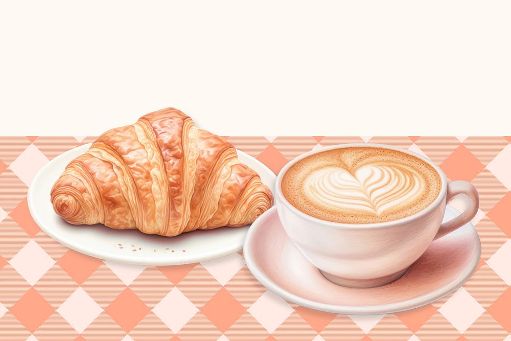 Croissant & coffee background, aesthetic food digital paint