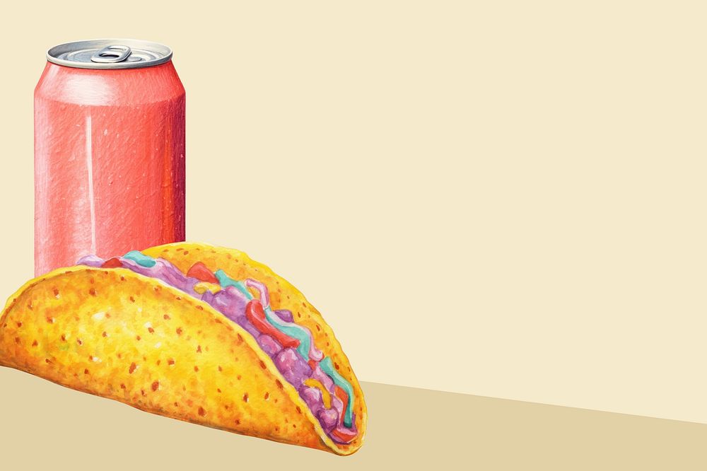 Taco & soda can background, aesthetic food digital paint