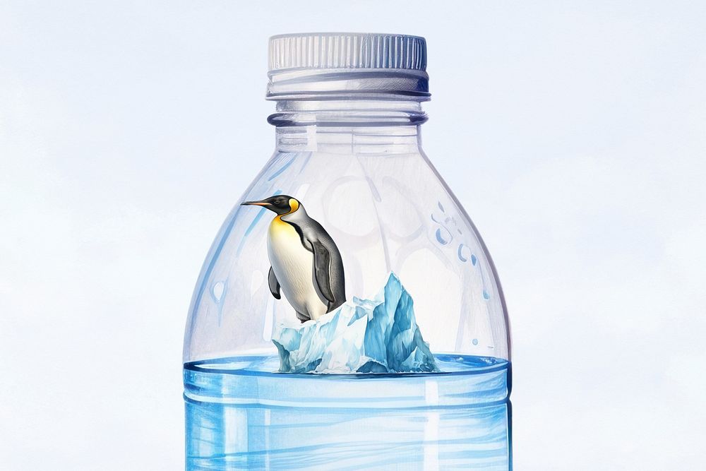 Global warming background, penguin in a bottle digital painting