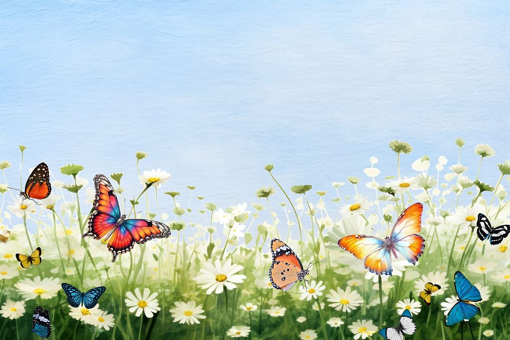 Wildflowers & butterflies background, aesthetic Spring digital painting