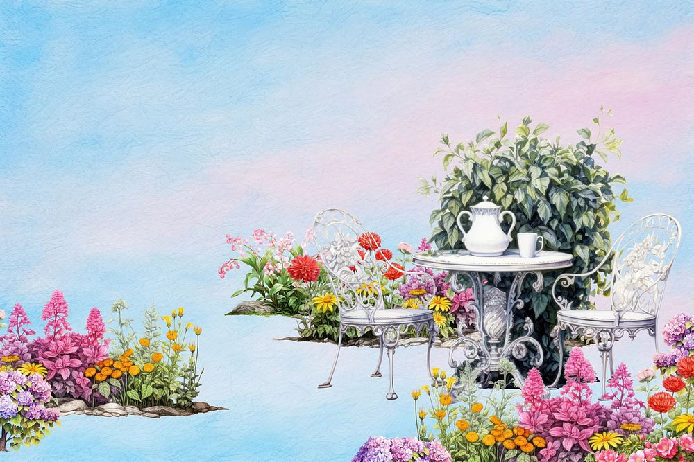 Beautiful garden landscape background, tea table digital painting