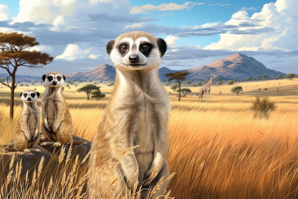 African meerkats background, wild animal digital paint