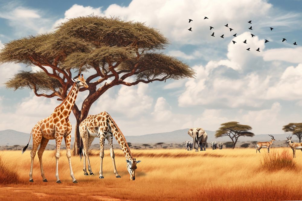 African giraffes background, wild animal digital paint