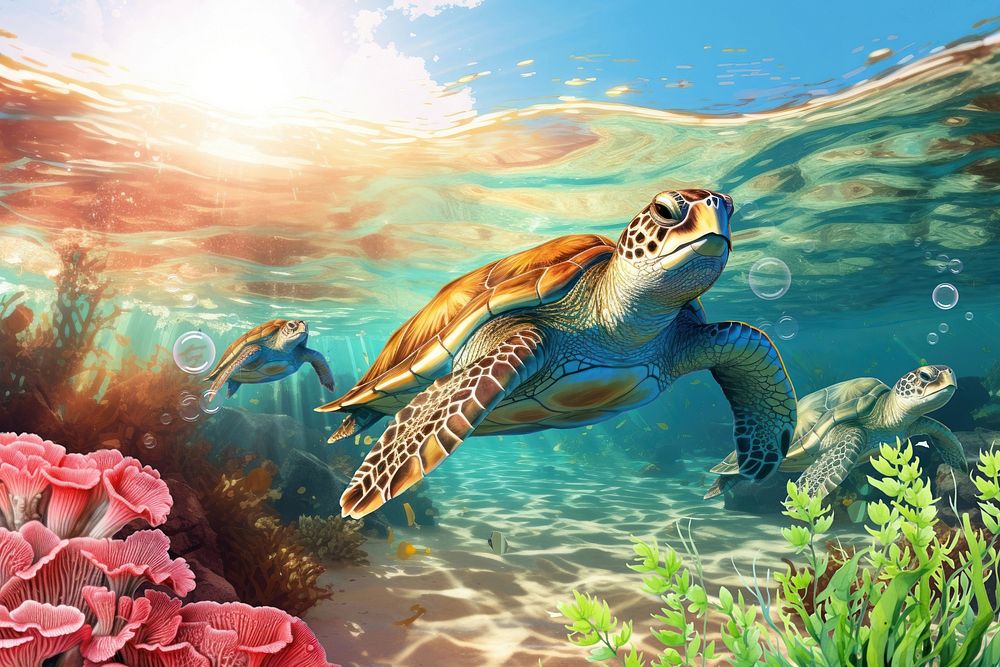 Swimming sea turtles digital paint illustration