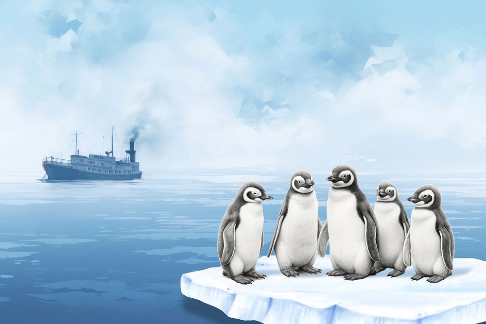 Penguins digital paint illustration, climate crisis