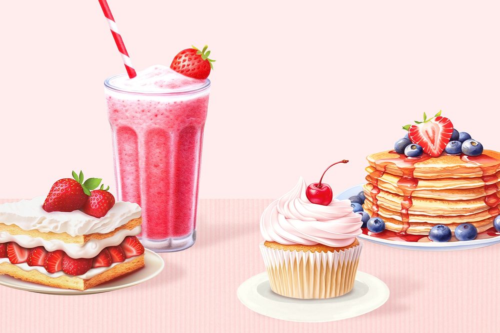 Aesthetic desserts background, cupcake, pancakes digital paint