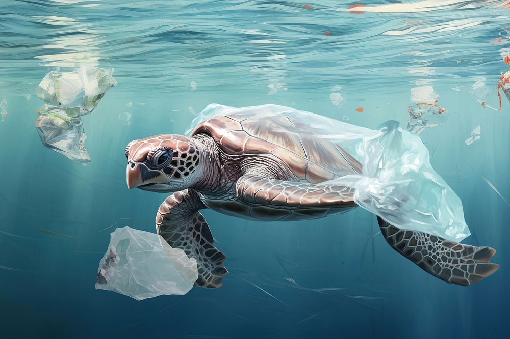 Turtle plastic stuck background, sea pollution digital painting