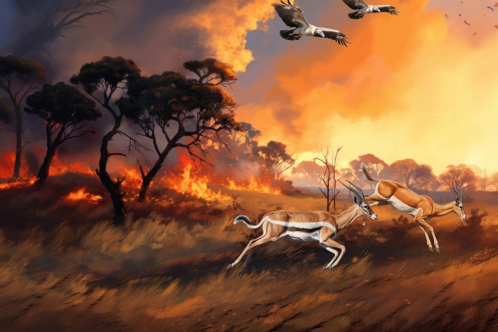 Safari wildfire background, natural disaster digital paint