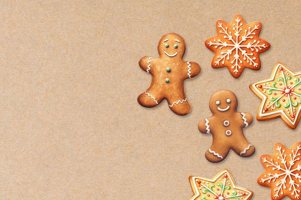 Christmas ginger bread cookies background, digital paint illustration