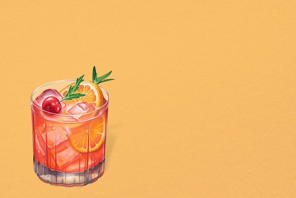 Old fashioned cocktail orange background, digital illustration