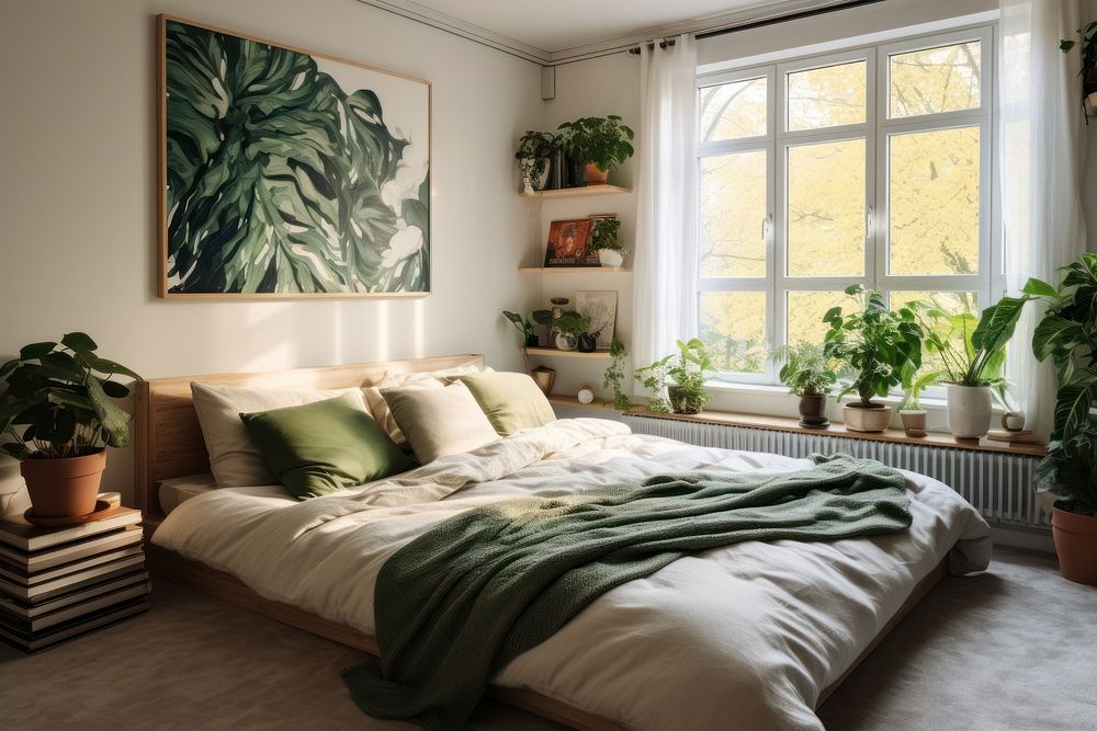 Bedroom plant furniture cushion. AI generated Image by rawpixel.