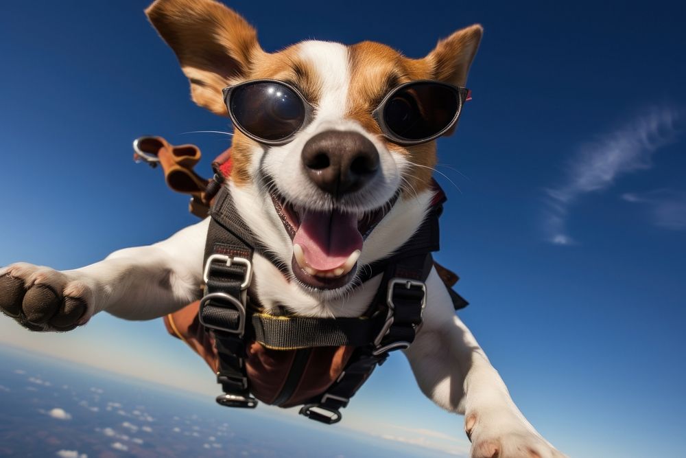 Dog sunglasses skydiving adventure. 