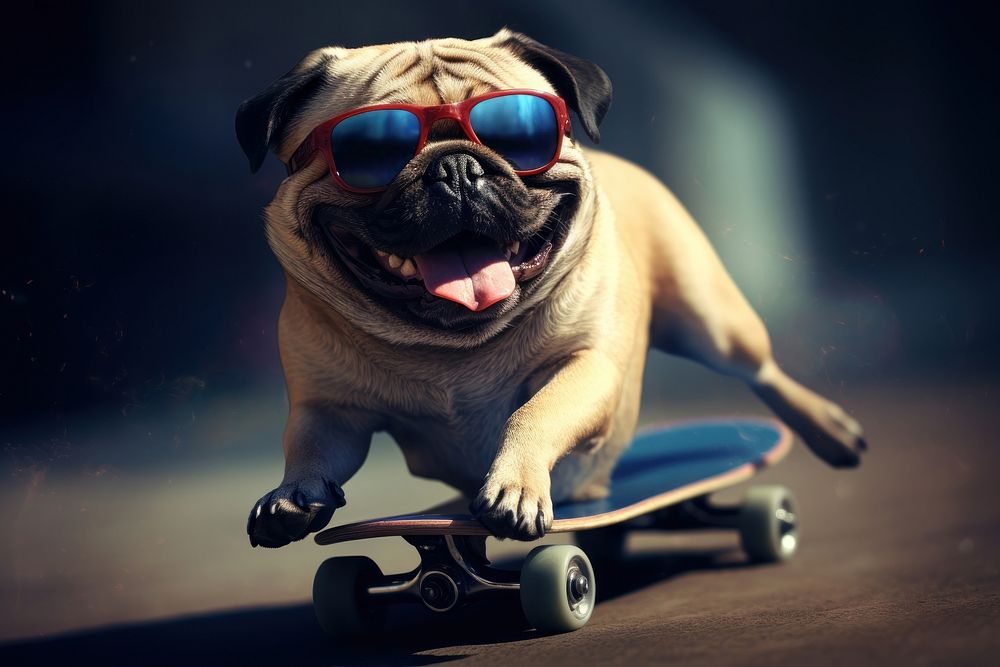 Sunglasses pug skateboard mammal. AI generated Image by rawpixel.
