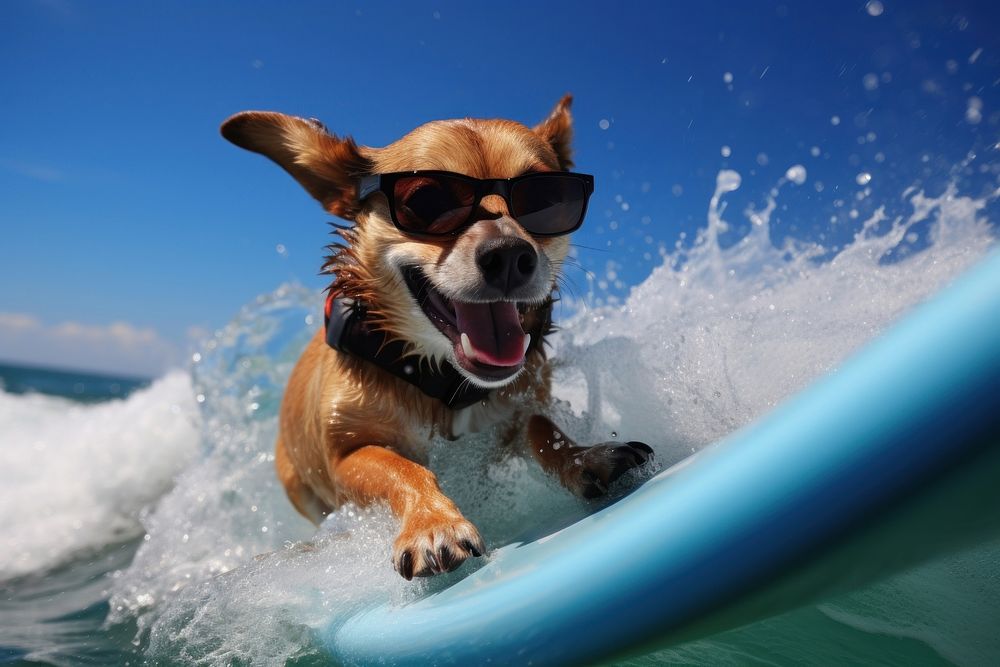 Dog sunglasses outdoors surfing. AI generated Image by rawpixel.