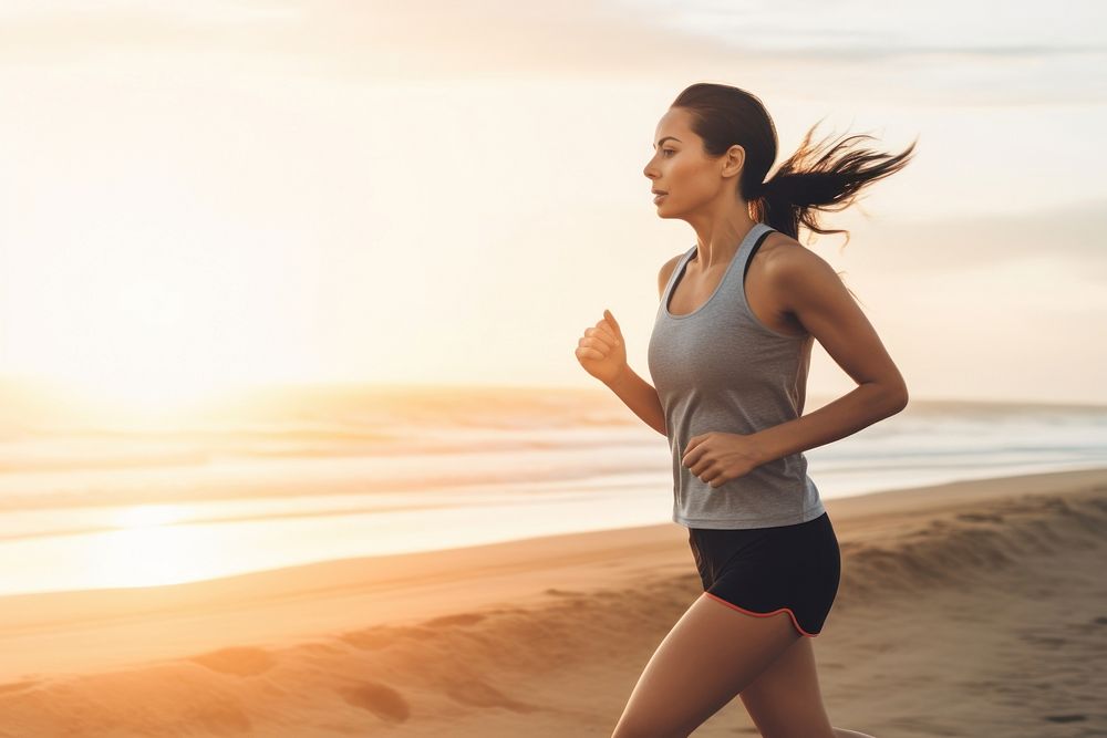 Jogging portrait running beach. 