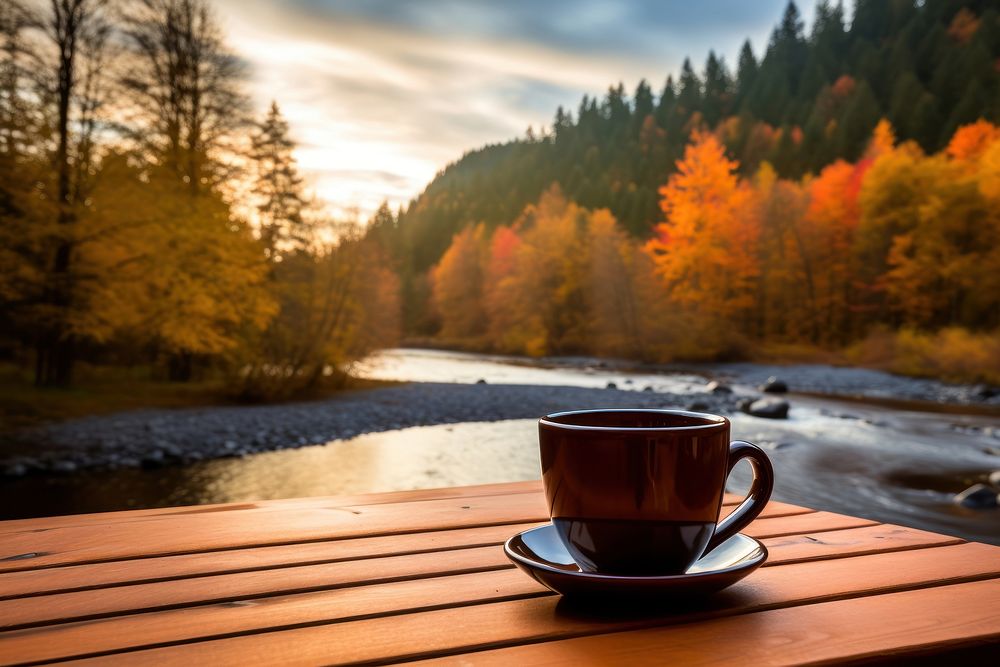 Autumn coffee cup outdoors. 