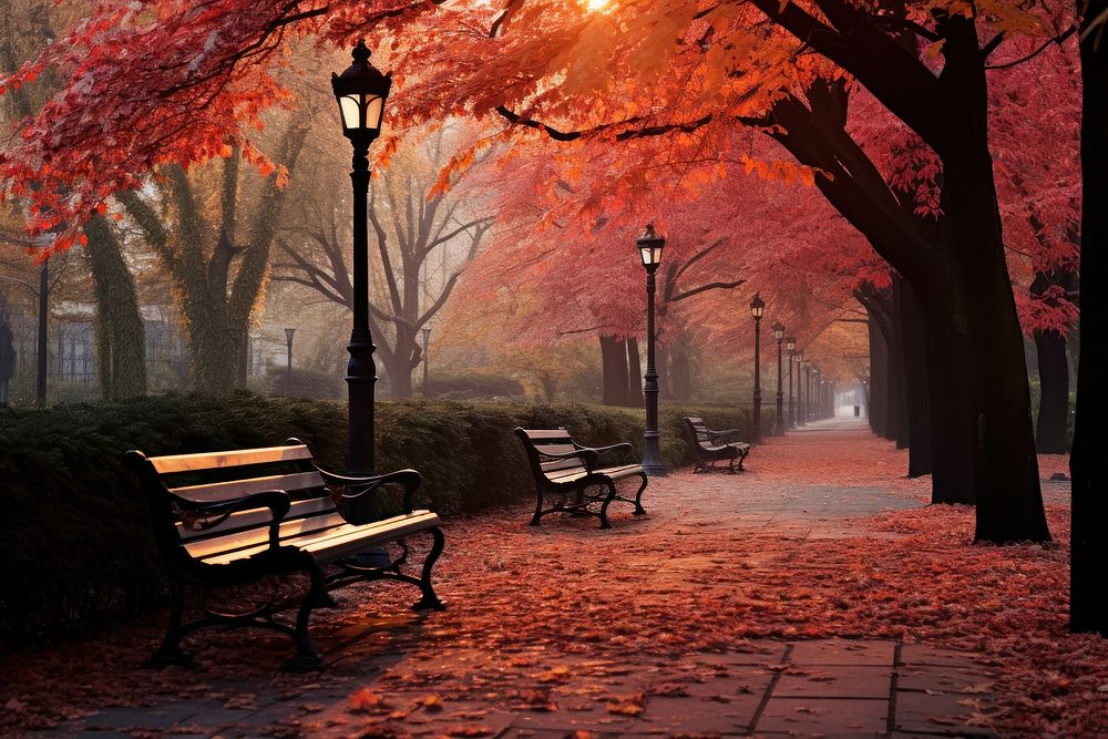 Autumn maple bench tree. AI generated Image by rawpixel.