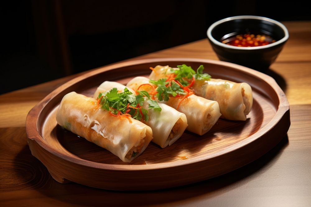Plate food dish spring roll. AI generated Image by rawpixel.