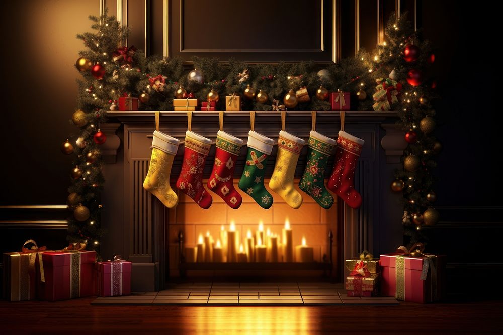 Fireplace christmas sock illuminated. AI generated Image by rawpixel.