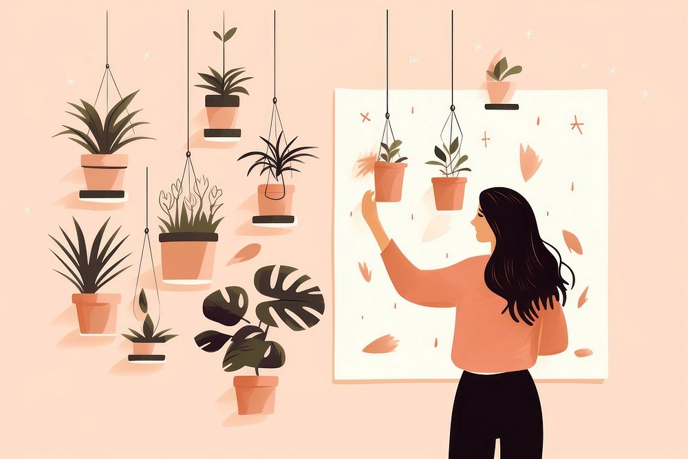 Woman taking care of houseplants. 