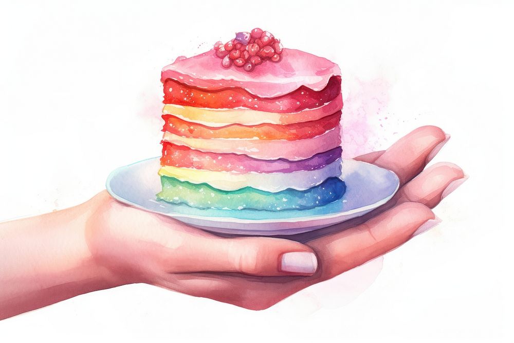 Rainbow cake dessert plate food. AI generated Image by rawpixel.