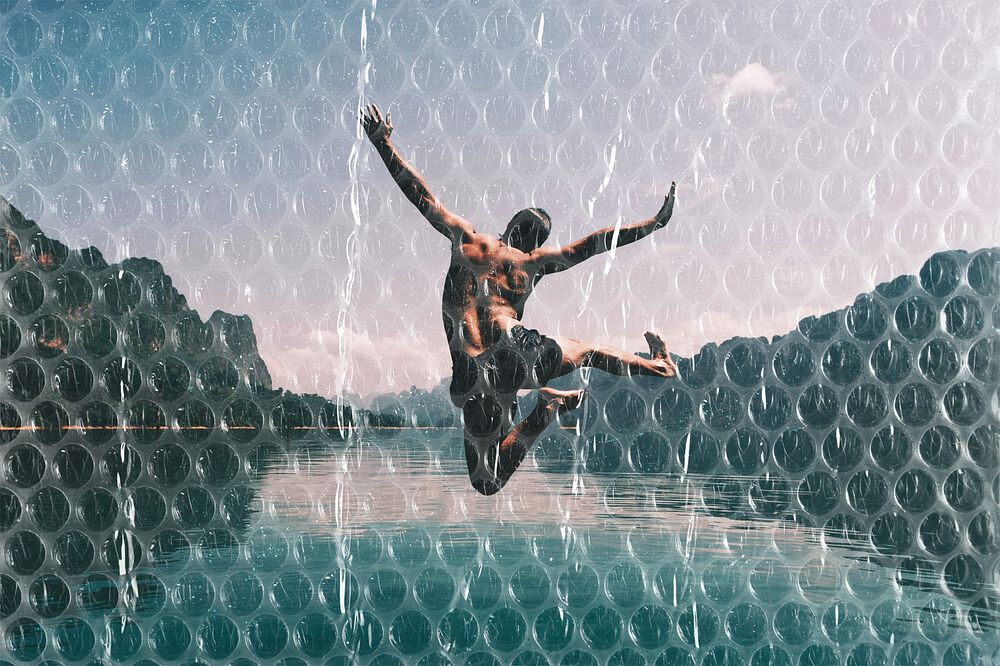 Man jumping into water, bubble wrap design