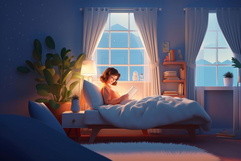 3d scene, cartoon style woman laying and playing a tablet on a bed hotel bedroom. AI generated Image by rawpixel. 