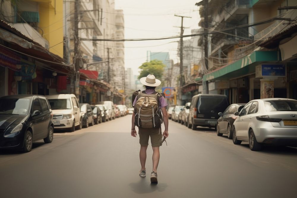 Backpacker walking street city. AI generated Image by rawpixel.