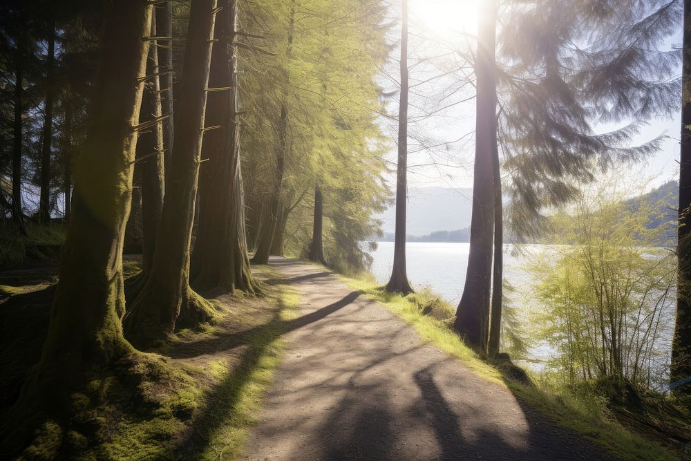 Landscape forest lake sunlight. AI generated Image by rawpixel.