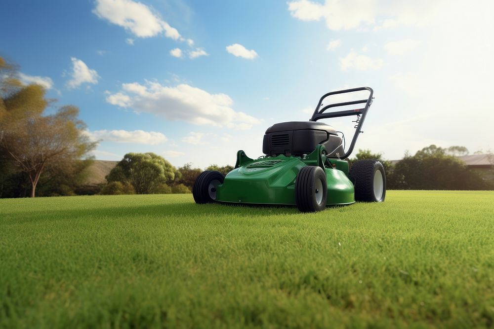 A lawn mower grass plant land. 