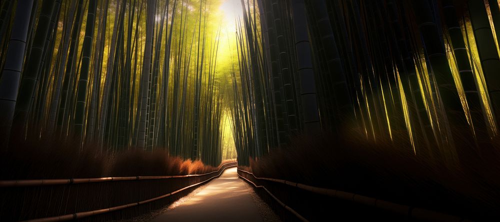 Bamboo architecture landscape sunlight. AI generated Image by rawpixel.