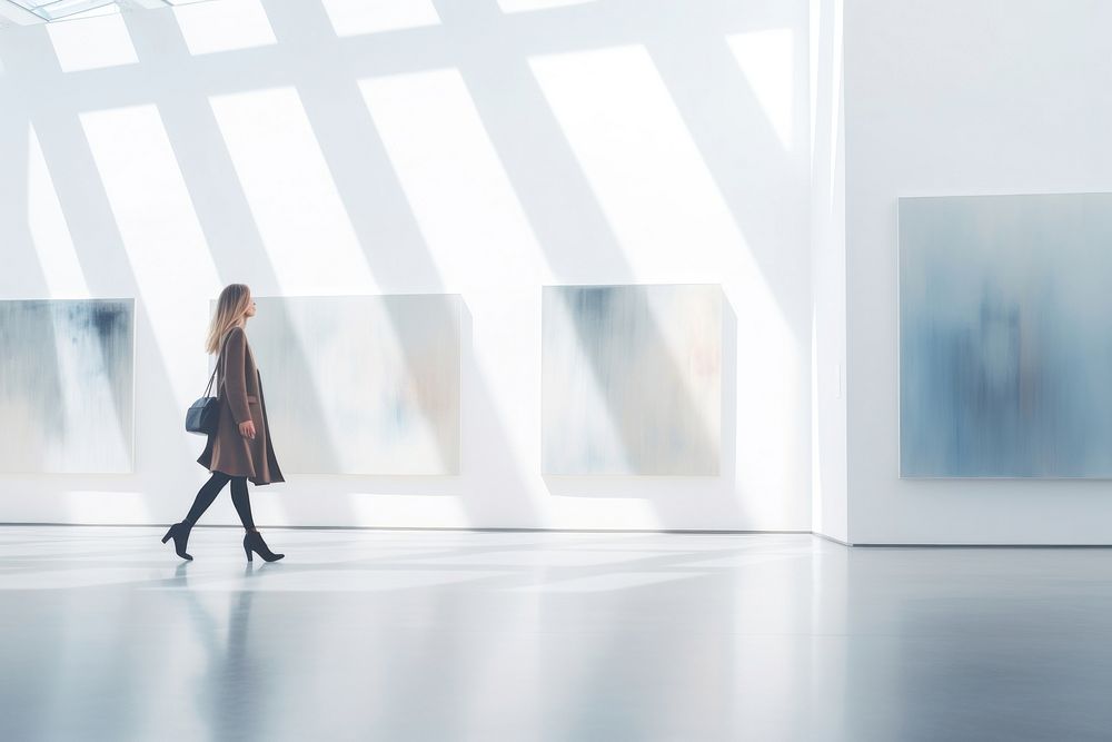 Defocused Woman Walking In Exhibition Art Hall walking footwear adult. 