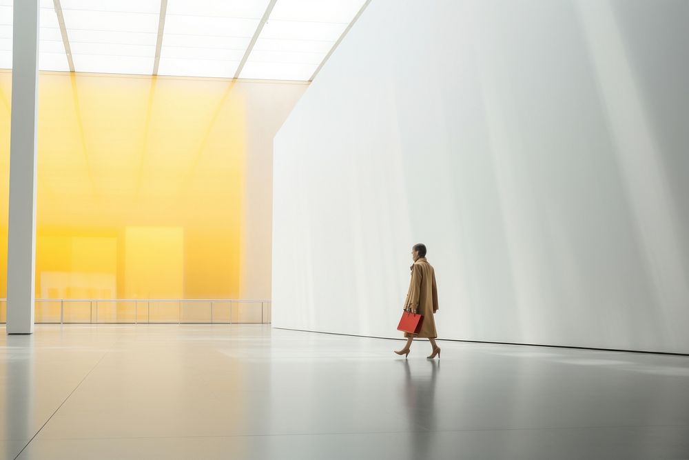 Defocused Woman Walking In Exhibition Art Hall walking floor architecture. 