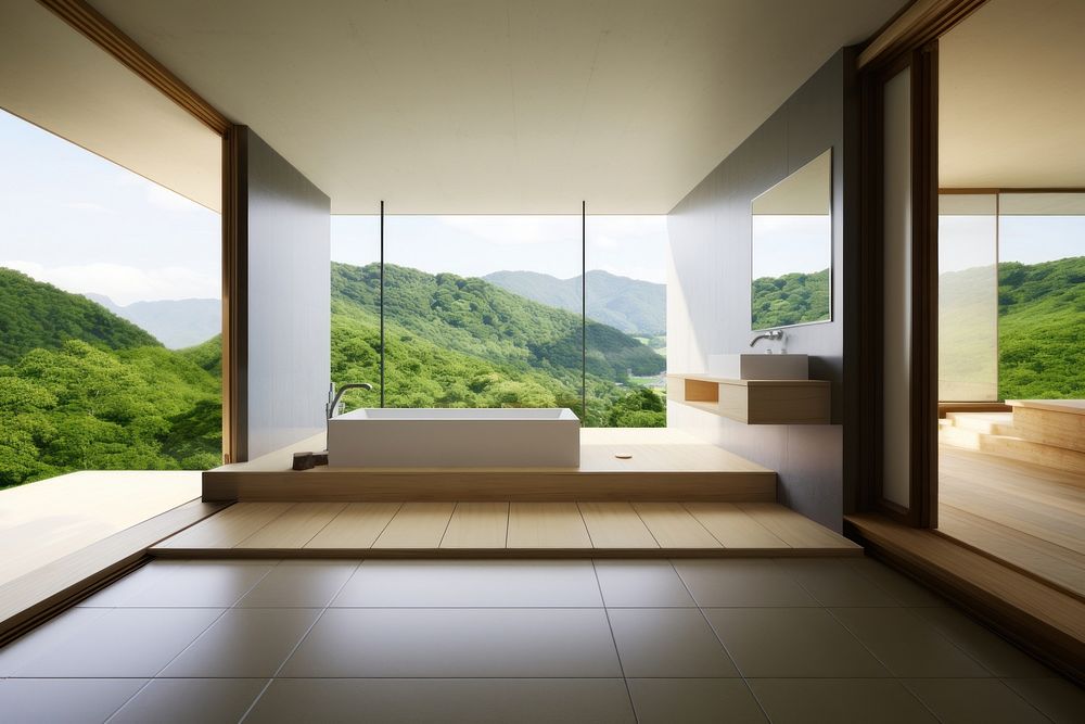 Japanese bathtub flooring window green. AI generated Image by rawpixel.