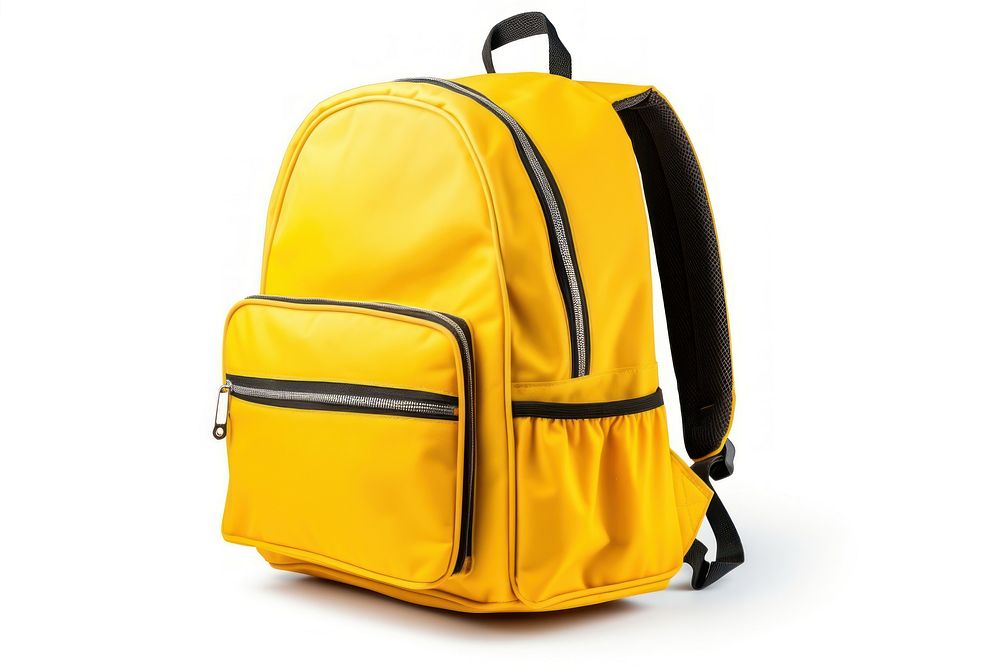 Fabric bright school bus yellow color backpack bag white background clothing. AI generated Image by rawpixel.