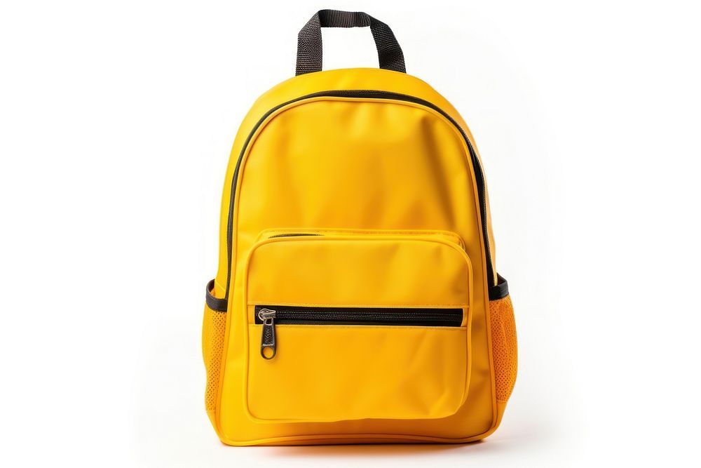 Fabric bright school bus yellow color backpack bag white background handbag. AI generated Image by rawpixel.