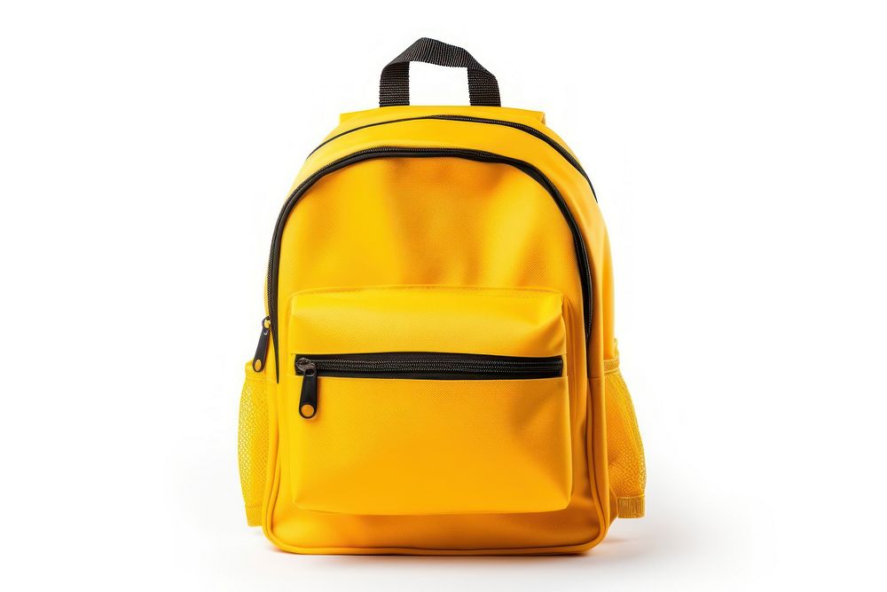 Fabric bright school bus yellow color backpack bag white background handbag. AI generated Image by rawpixel.