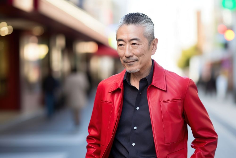 Fashion Japanese senior man portrait jacket street. AI generated Image by rawpixel.