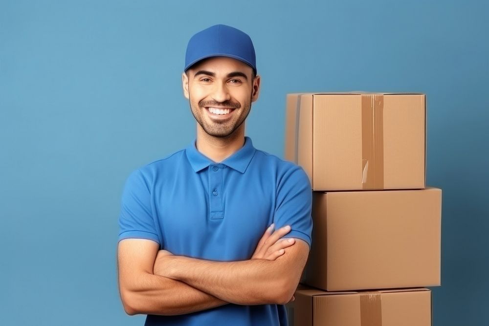 Cardboard box smiling adult. 