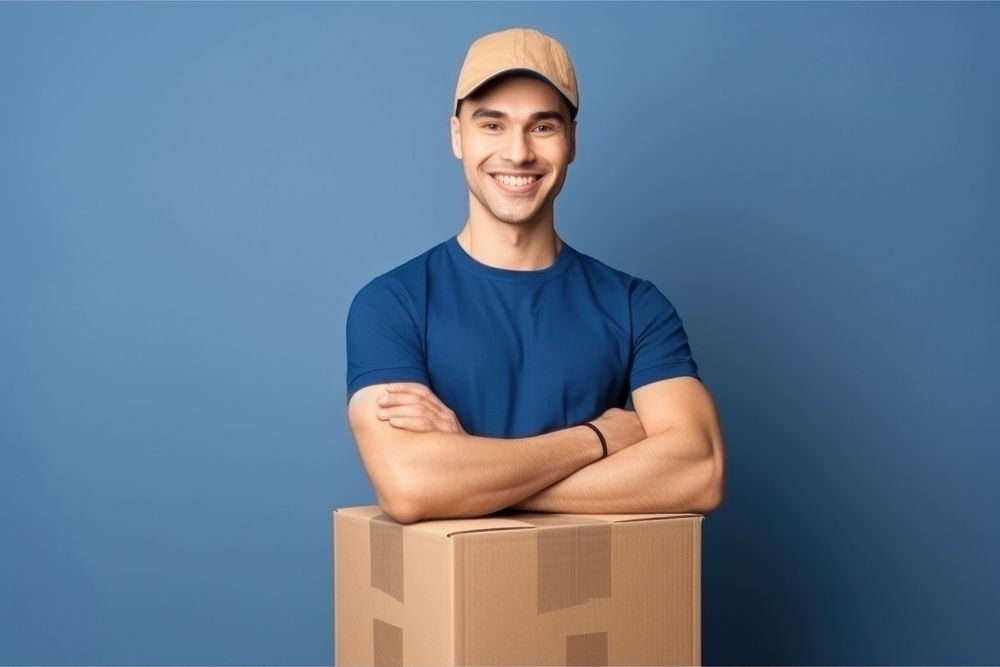 Cardboard box t-shirt smiling. 