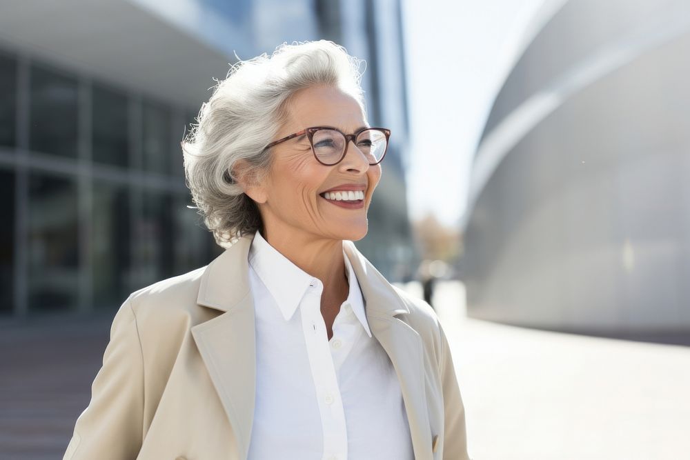 Senior business woman smile glasses looking. 