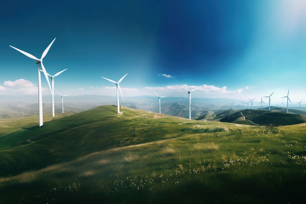 Wind turbines on mountain background. 