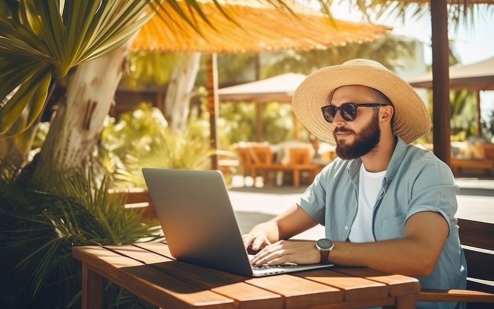 Young man freelancer traveler working online using laptop while traveling on summer vacation. AI generated Image by rawpixel.