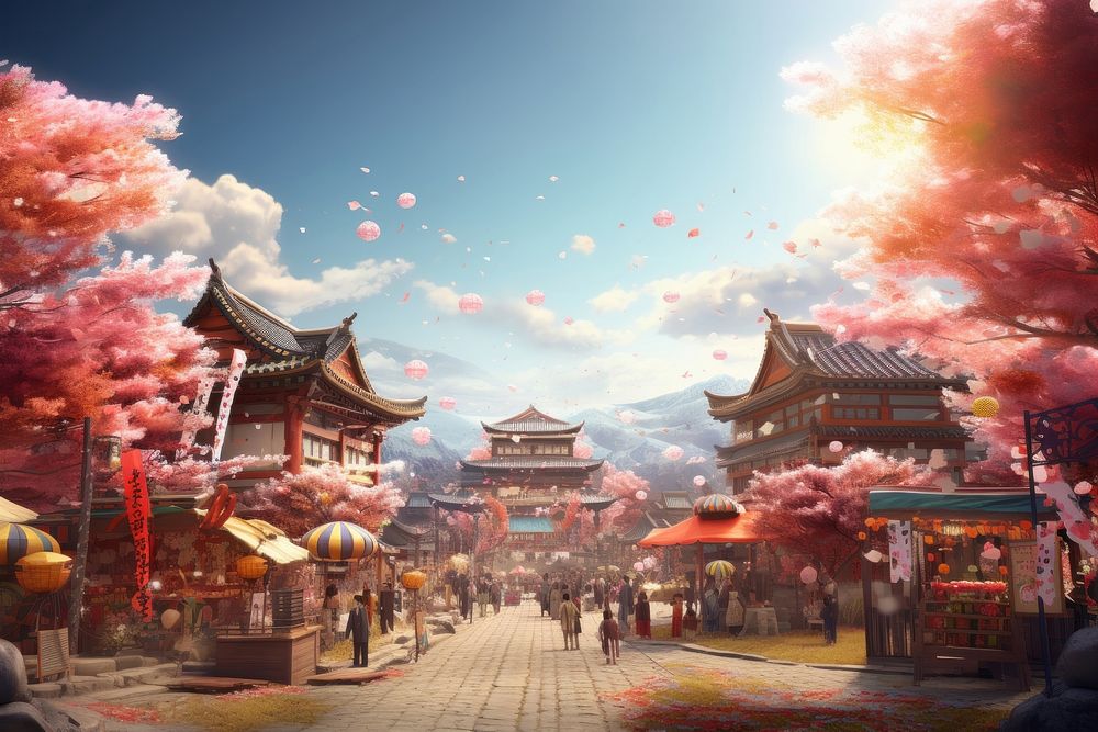 Japanese festival outdoors blossom flower. AI generated Image by rawpixel.