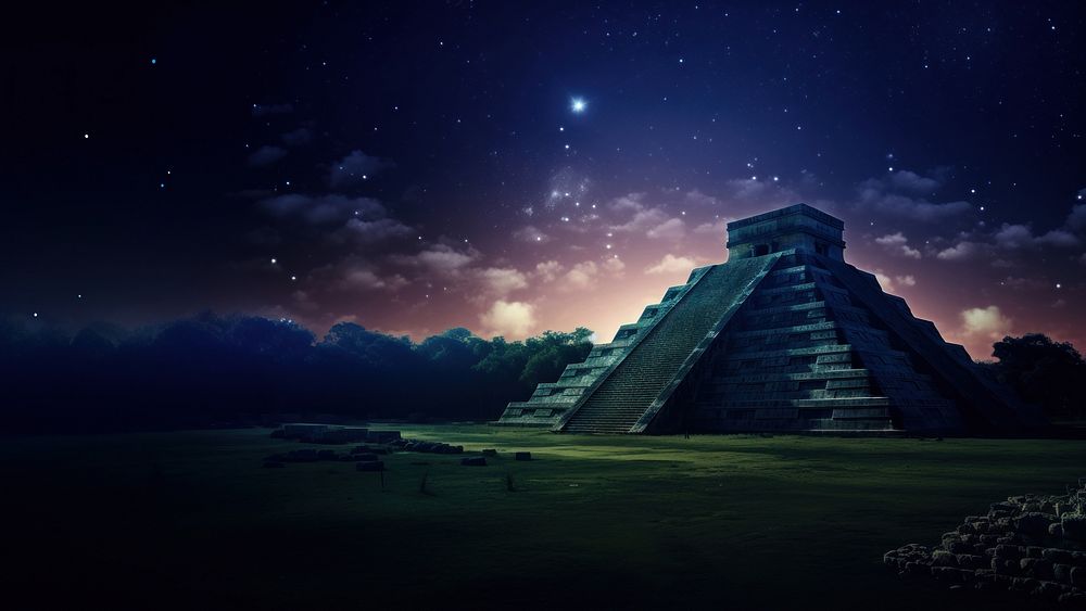 Photo of Chichen Itza skyline at night.  