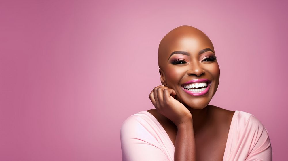 close up face photo of a bald chubby black woman smiling with pink tone makeup. AI generated Image by rawpixel. 